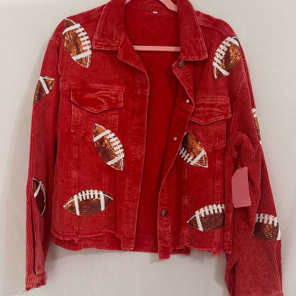 New with tags medium oversized corduroy jacket with sequin patch footballs